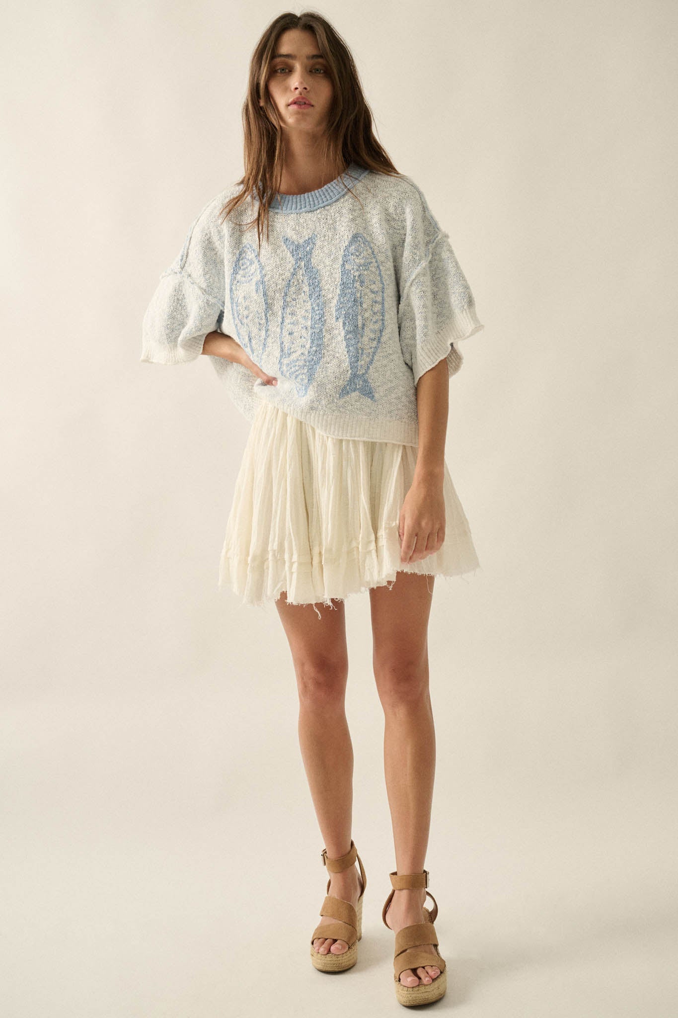 Plenty of Fish Jacquard-Knit Short-Sleeve Sweater