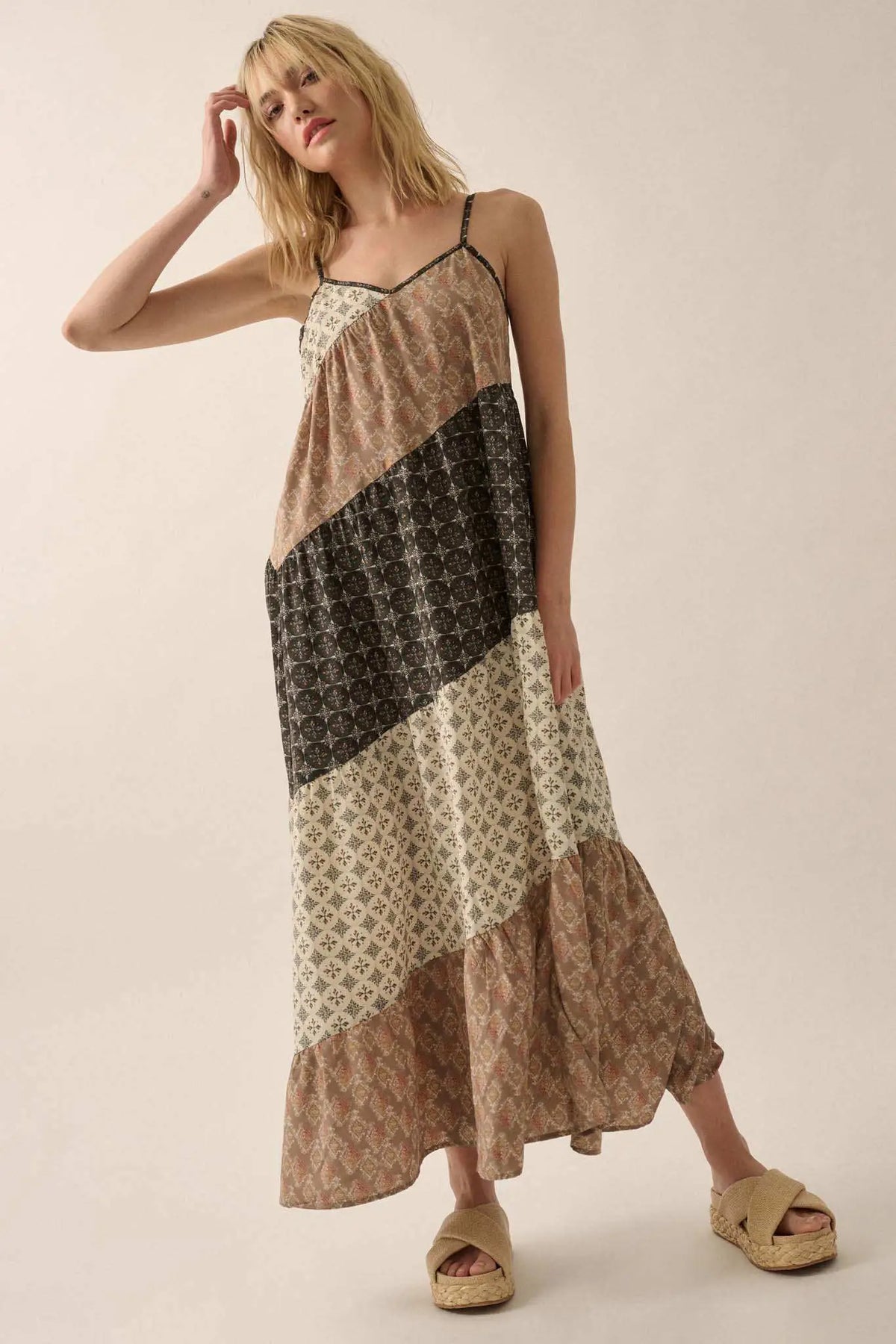 Eclectic Spirit Block-Print Tiered Maxi Dress