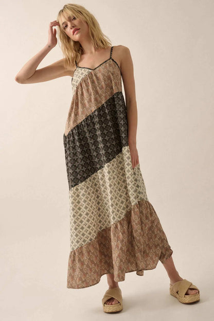 Eclectic Spirit Block-Print Tiered Maxi Dress