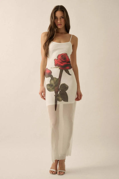 Kiss From a Rose Printed Mesh Layered Maxi Dress