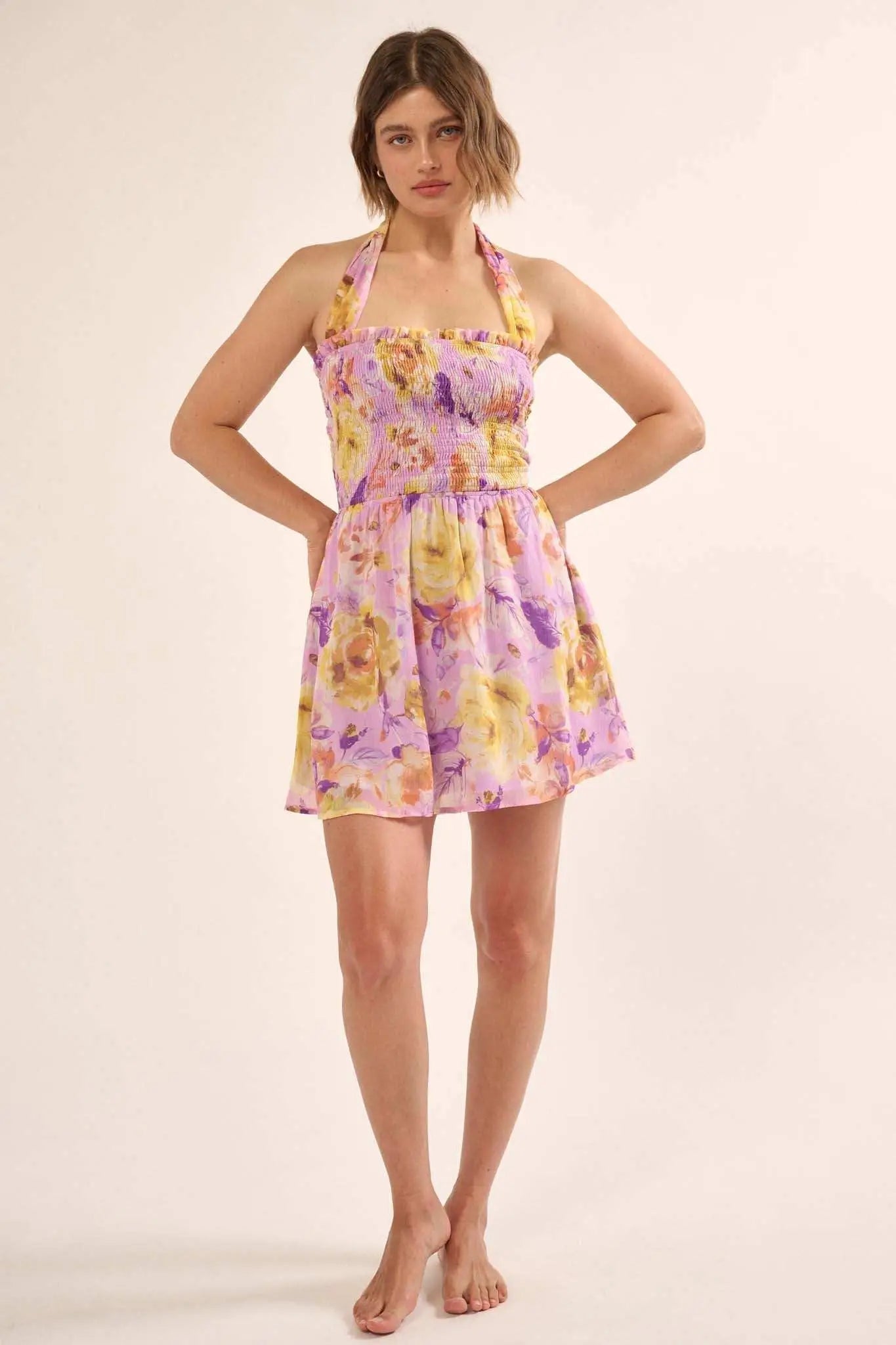 Orchid Skies Floral Chiffon Halter Mini Sundress