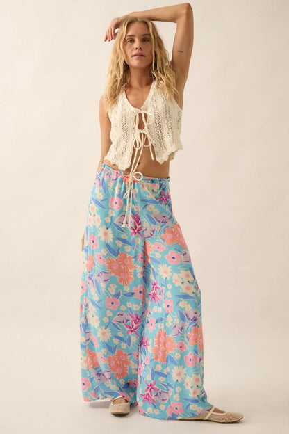 Let It Grow Floral Crepe Wide-Leg Drawstring Pants