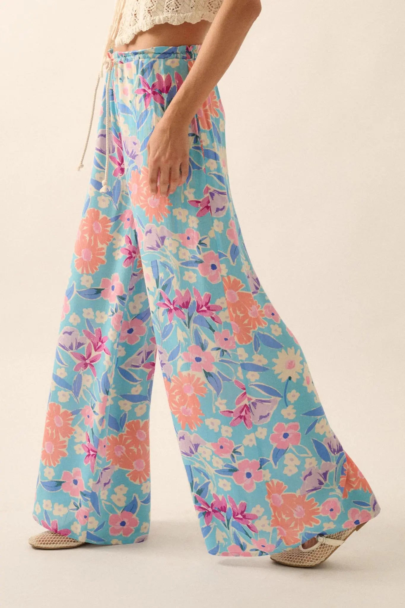 Let It Grow Floral Crepe Wide-Leg Drawstring Pants