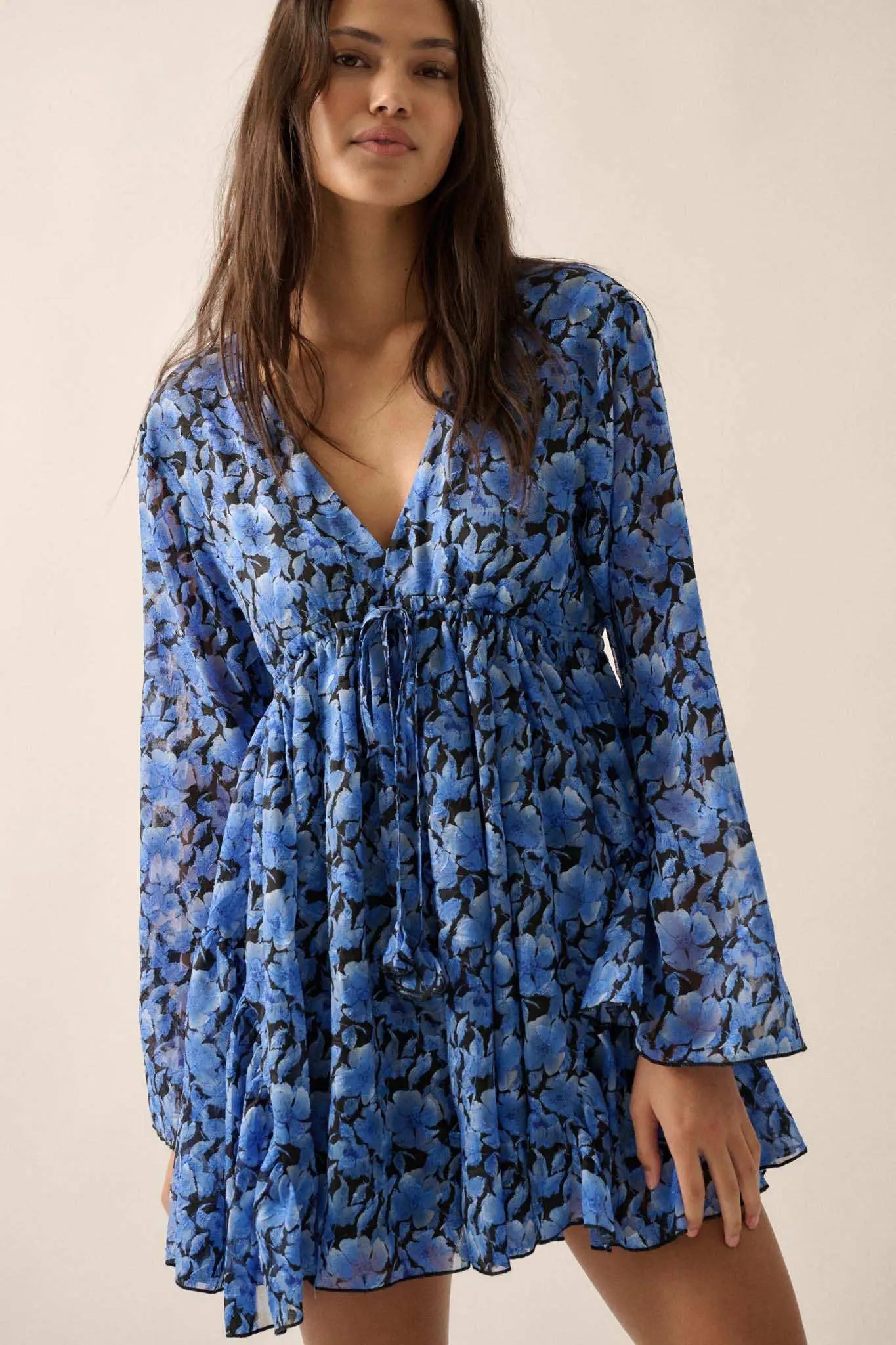 Babydoll Bouquet Floral Chiffon Bell-Sleeve Romper