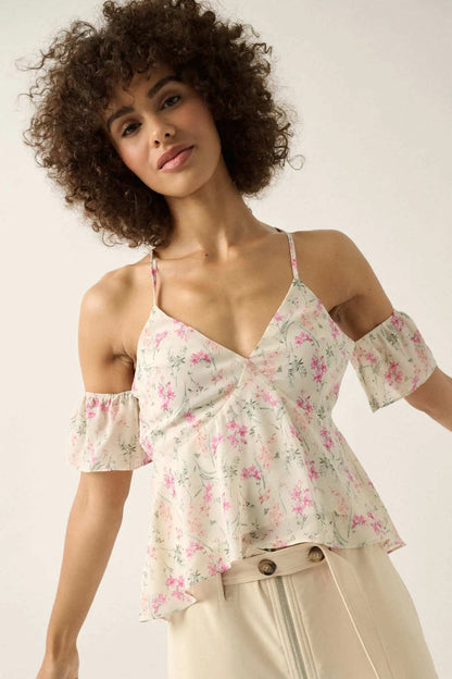 Lily Lover Floral Chiffon Cold Shoulder Cami Top
