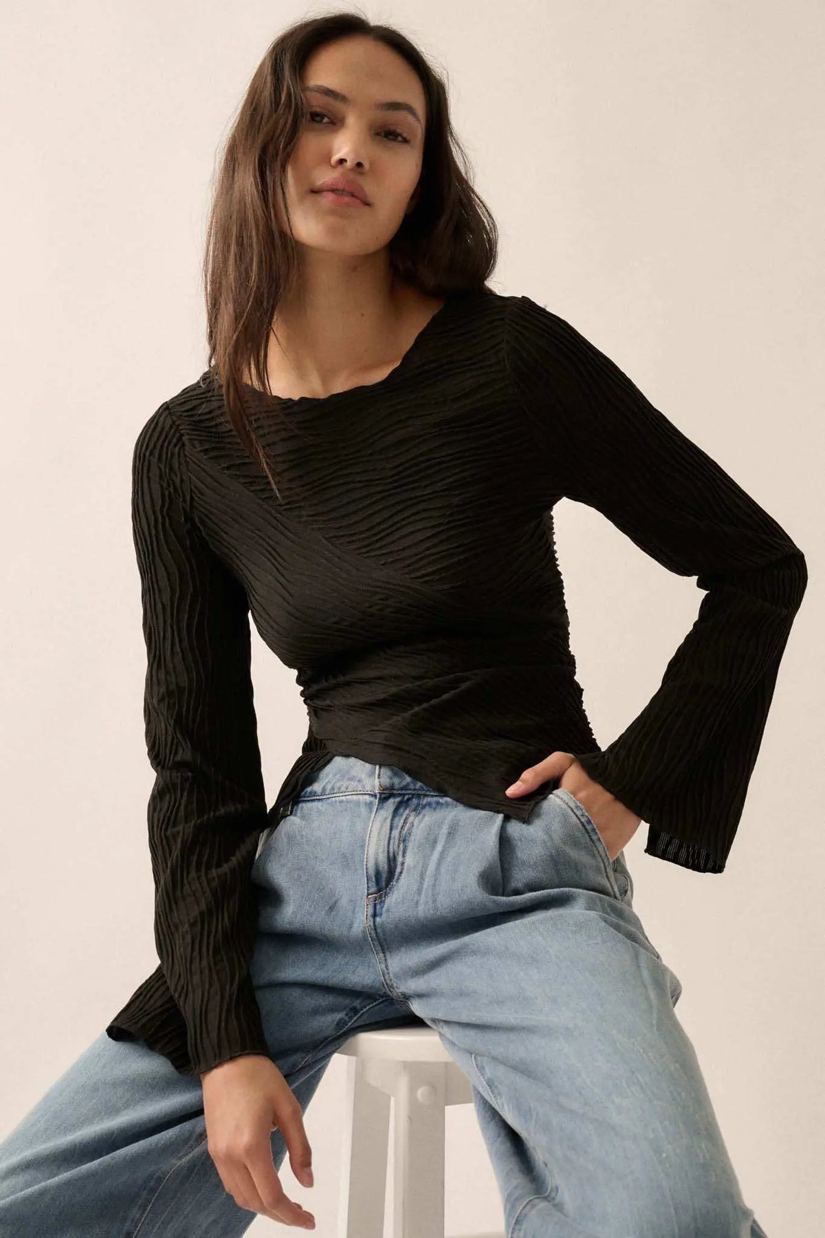 So It Flows Wavy Ribbed-Knit Asymmetrical Top