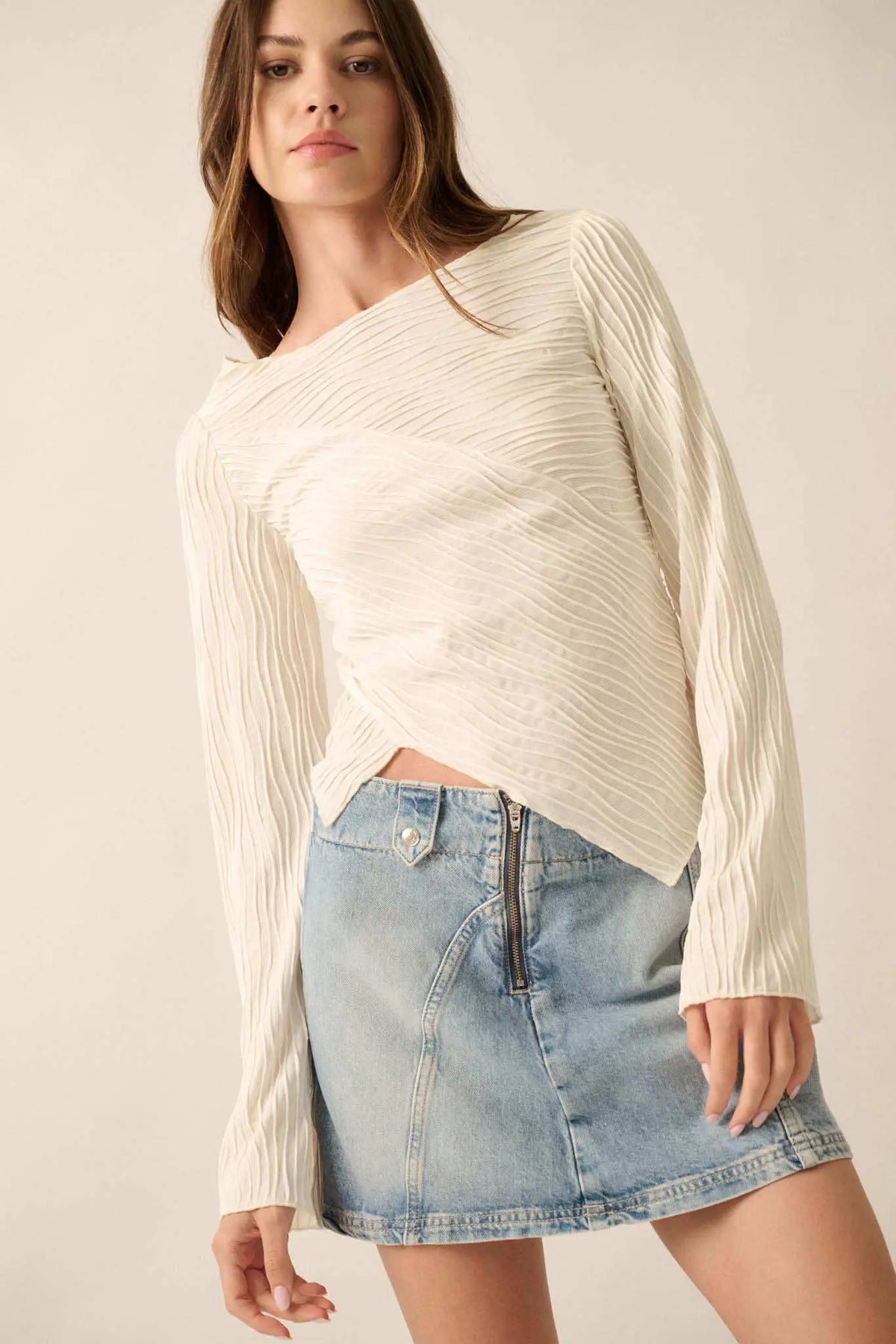 So It Flows Wavy Ribbed-Knit Asymmetrical Top