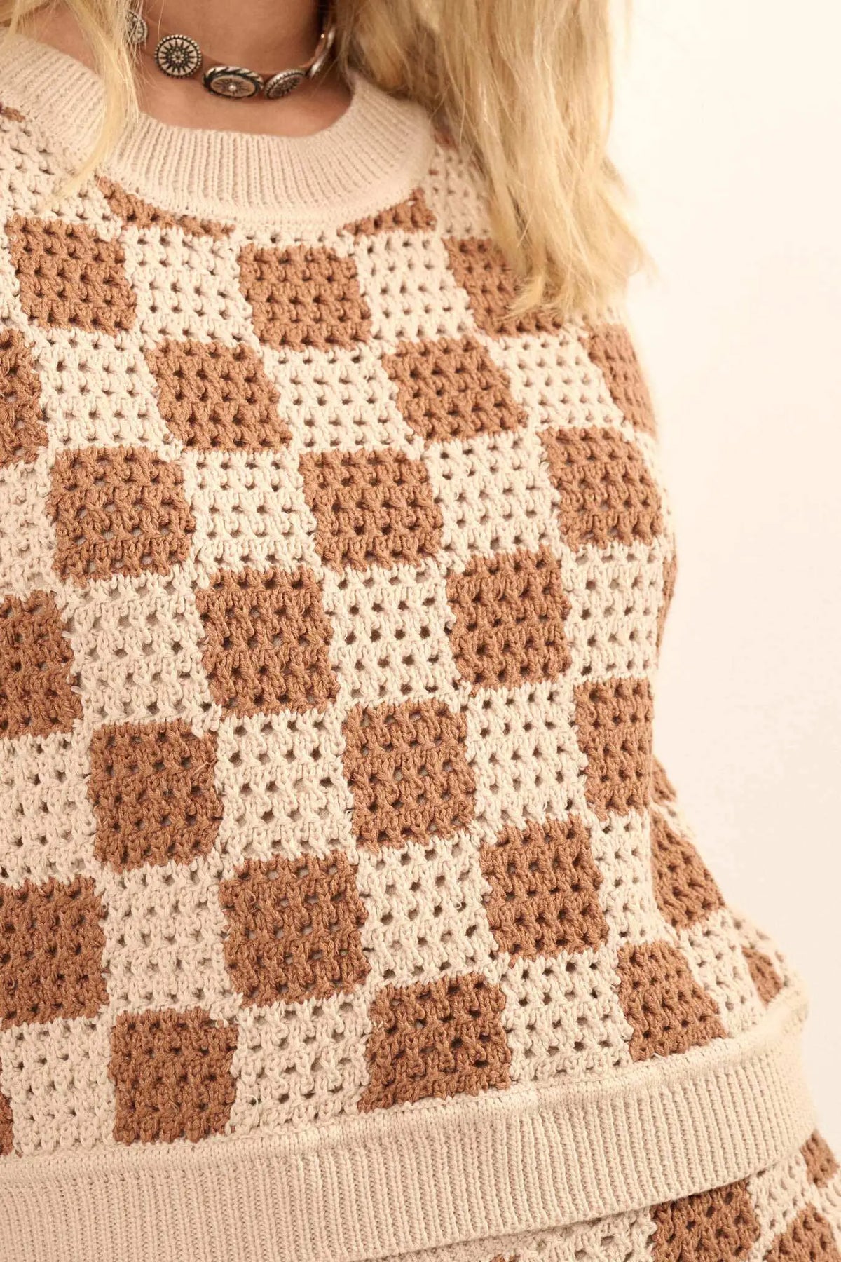 Boxed In Checker Crochet Knit Sweater Tank Top