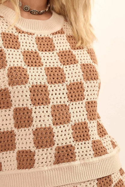 Boxed In Checker Crochet Knit Sweater Tank Top