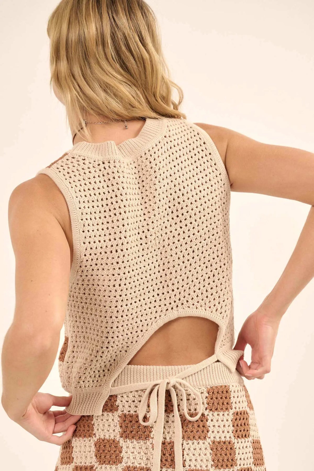 Boxed In Checker Crochet Knit Sweater Tank Top