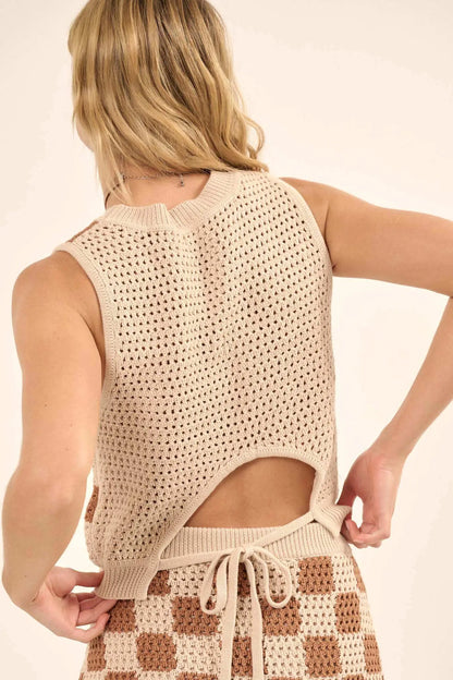 Boxed In Checker Crochet Knit Sweater Tank Top