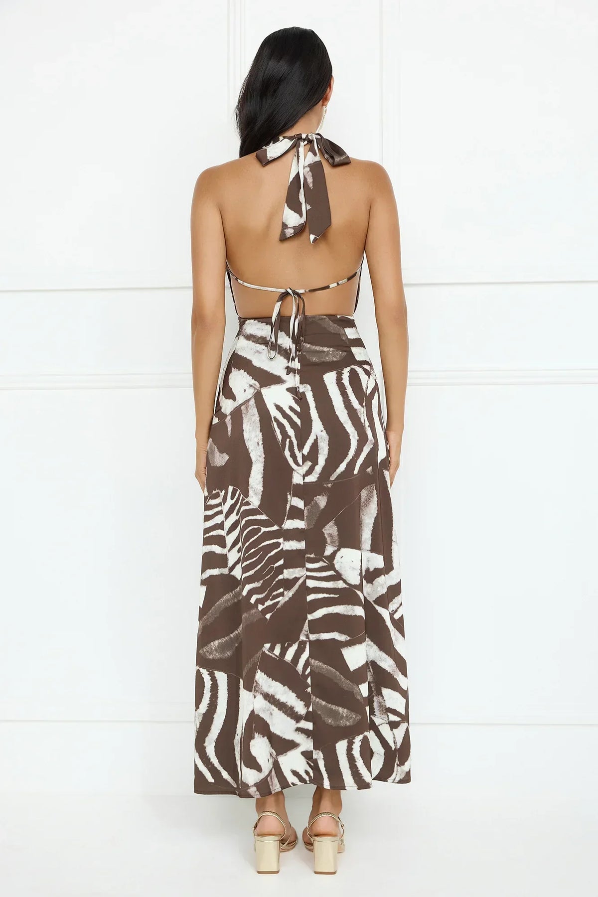 Caribbean Love Satin Halter Maxi Dress Brown