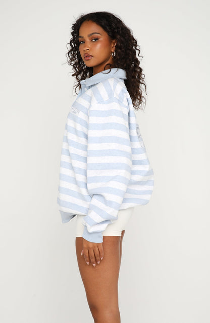 Best Influence Oversized Henley Sweater Grey Marle / Blue Stripe